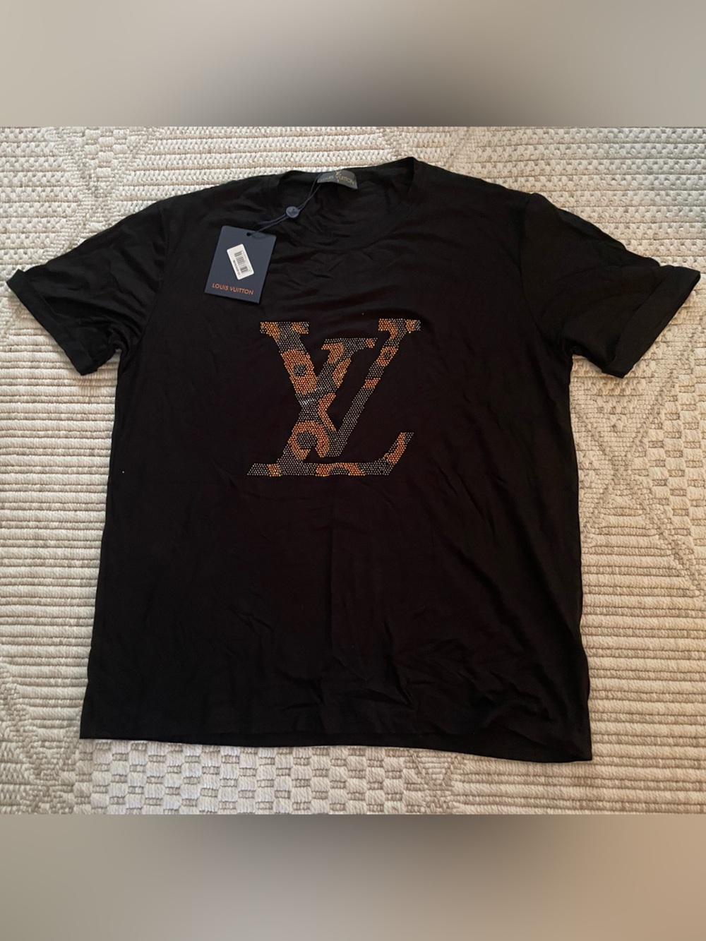 Louis Vuitton Style Black Short-Sleeve Tee w/ Orange Sparkle LV Monogram Detail